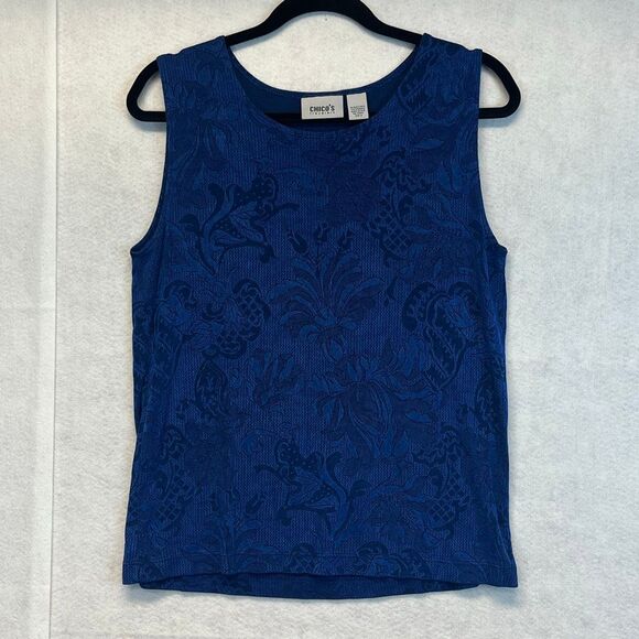 CHICO'S TRAVELERS Top Women's Size 2 Large Royal Blue Floral Jacquard Sleeveless - Picture 1 of 11